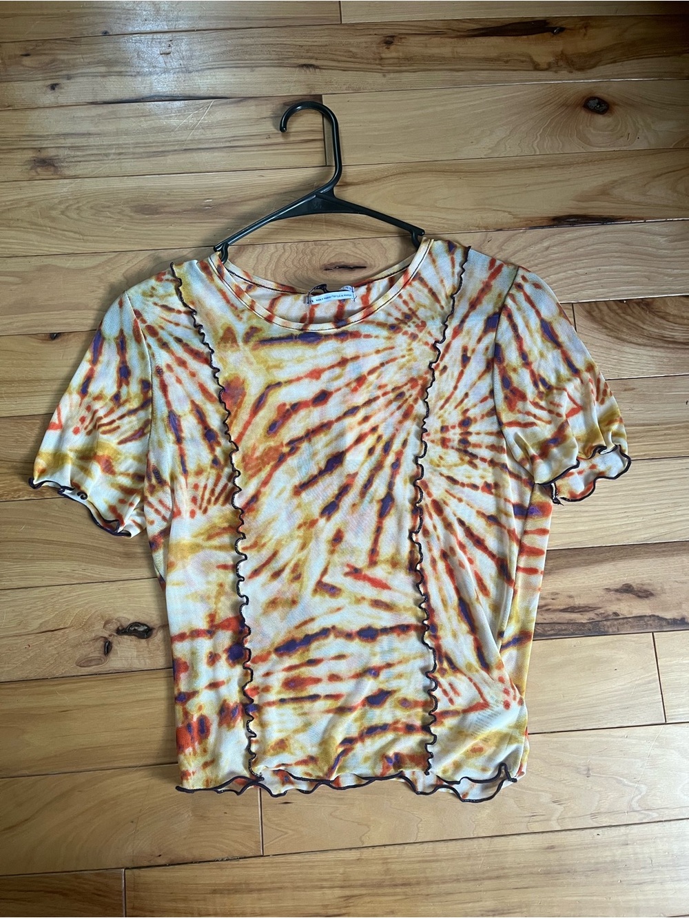 Urban Outfitters Yellow Orange Tie-Dye Ruffle-Trim Short Sleeve Top